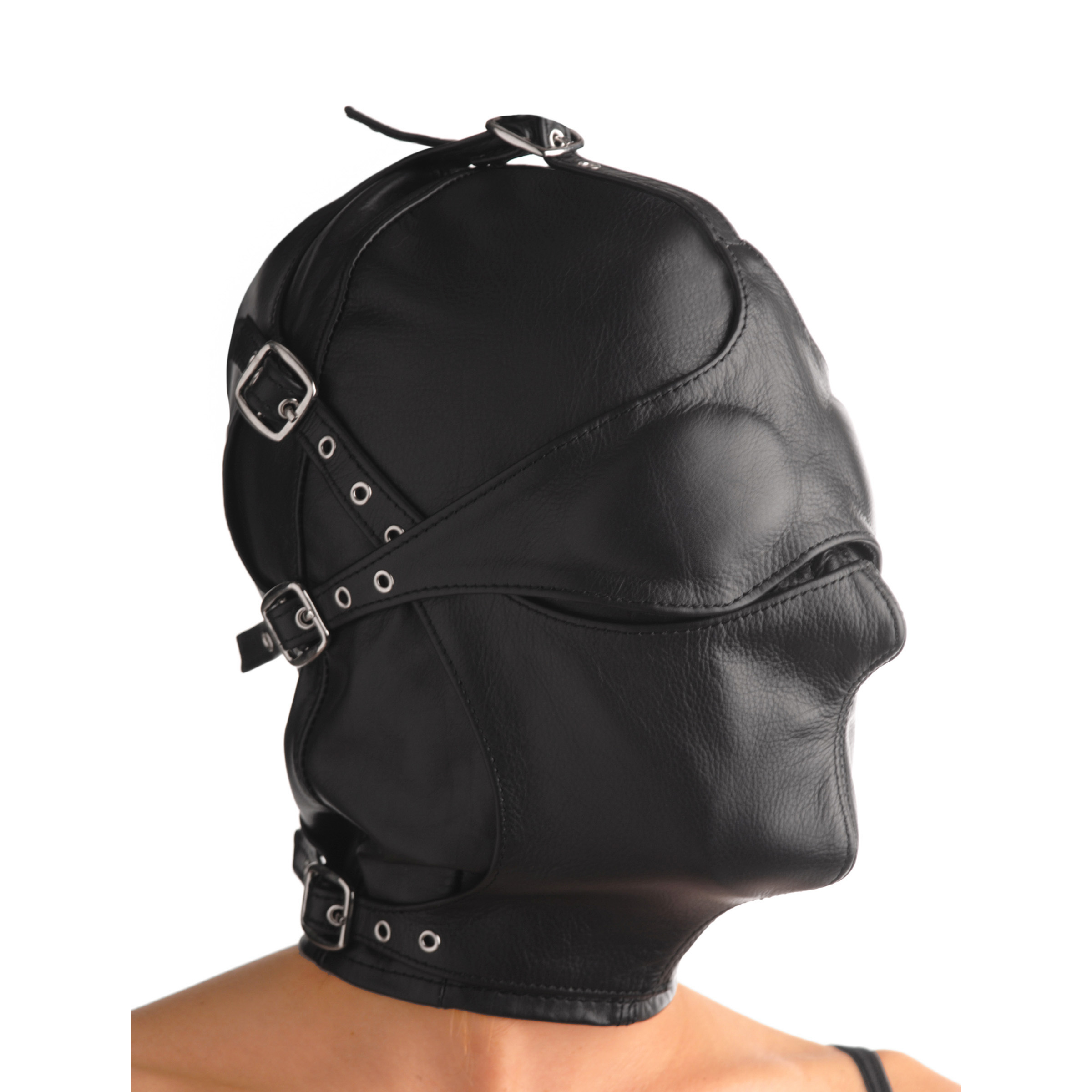 Asylum Leather Hood with Removable Blindfold and Muzzle- ML 1 Asylum Leather Hood with Removable Blindfold and Muzzle- ML
